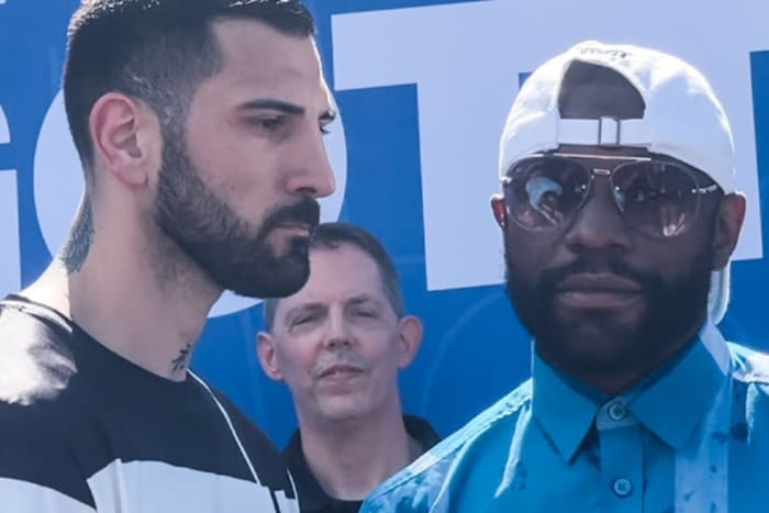 Floyd Mayweather (right) and John Gotti III (left) have a stare down ahead of their exhibition boxing match in Sunrise, Florida.